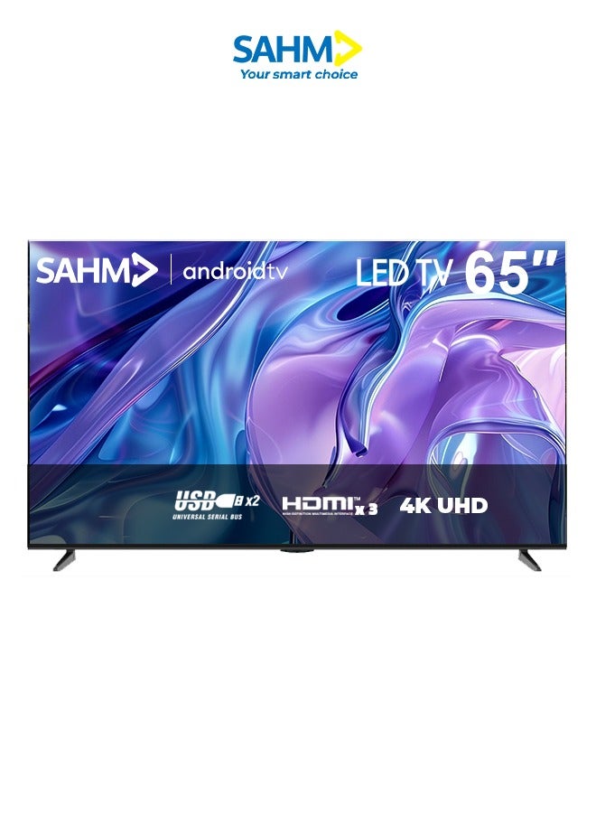 SAHM تلفزيون LED ذكي 65 بوصة 4K مع حامل حائط | 4k UHD | منافذ HDMI وUSB | Android 13 مع E-Share، دقة 3840x2160 | ذاكرة الوصول العشوائي 8 جيجا - Image 1